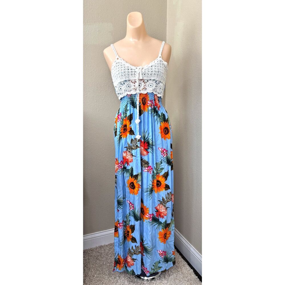 Women Boho Babydoll Maxi Dress Medium Silk Blend Crochet Top Festival Sunflower